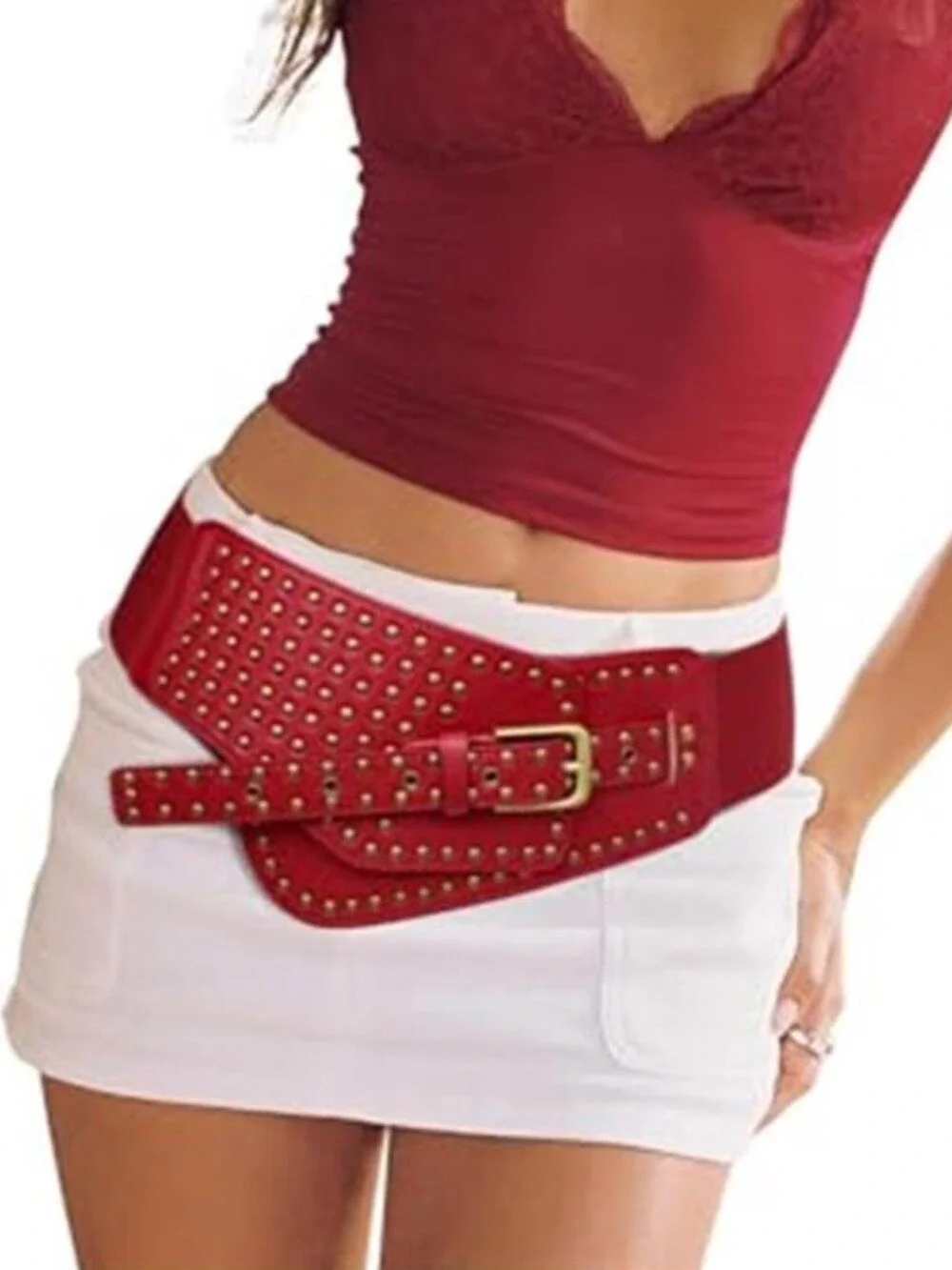 Women Elastic Wide Red Belt Vintage Studded Stretchy Waist Belts for Dress Pants